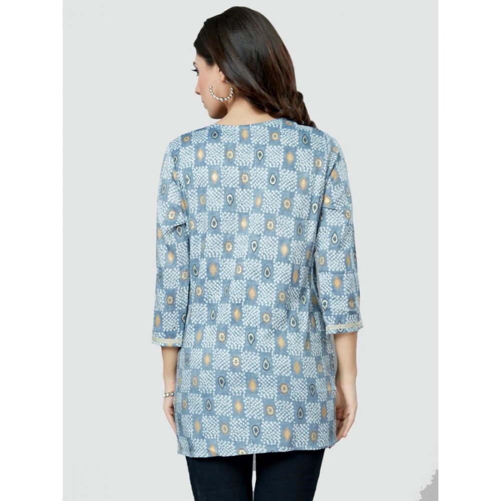 Women's Casual 3/4 Sleeves Printed Rayon Short Top (Blue) - Image 7