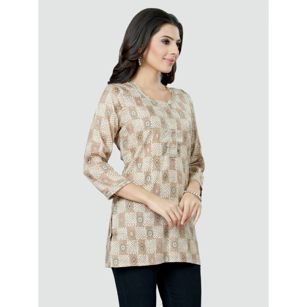 Women's Casual 3/4 Sleeves Printed Rayon Short Top (Beige) - Image 3