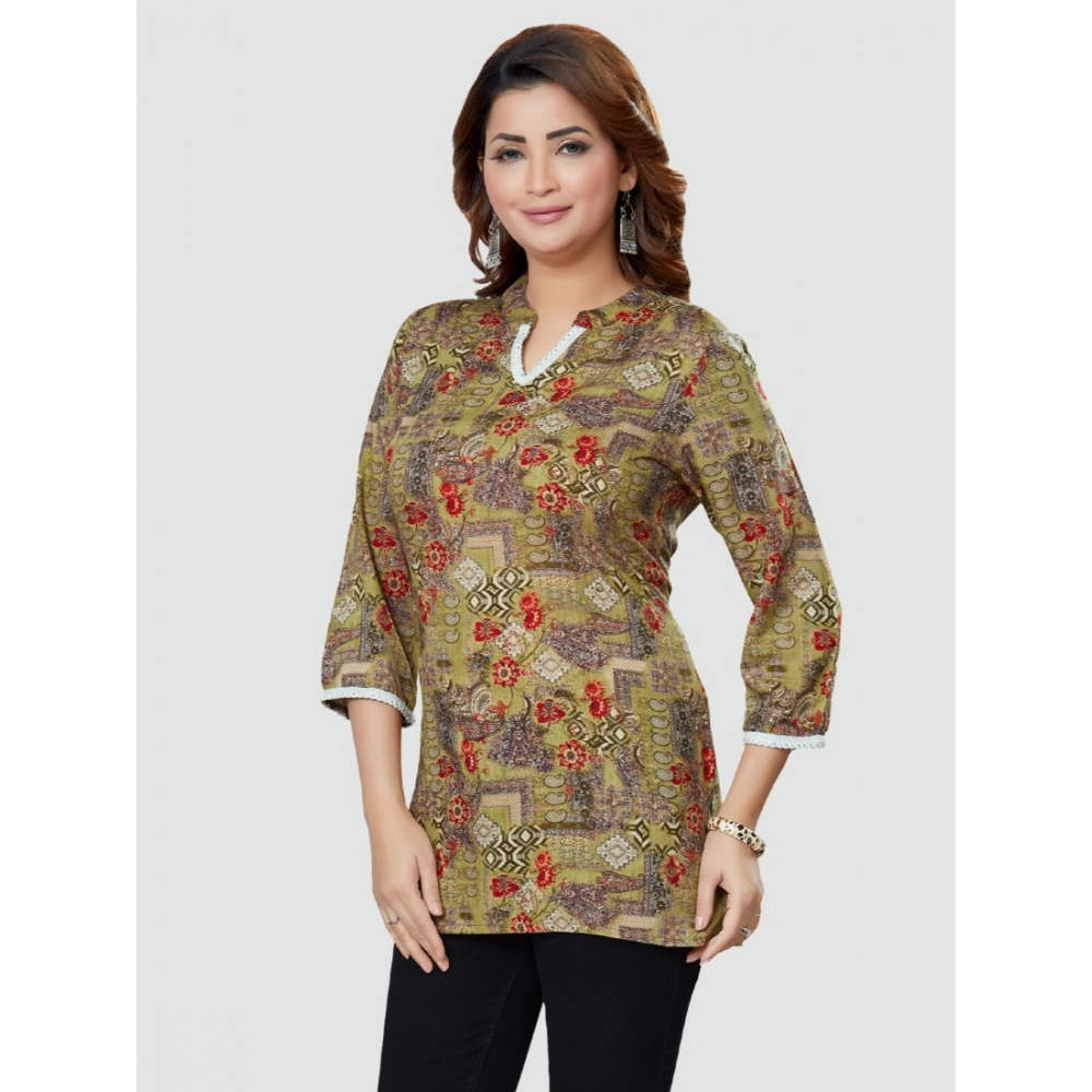 Women's Casual 3/4 Sleeves Printed Rayon Short Top (Beige) - Image 3