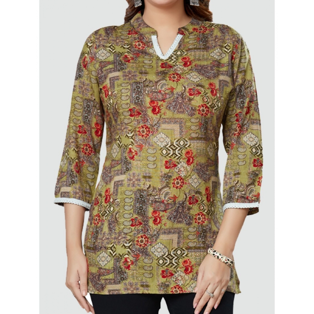 Women's Casual 3/4 Sleeves Printed Rayon Short Top (Beige) - Image 4