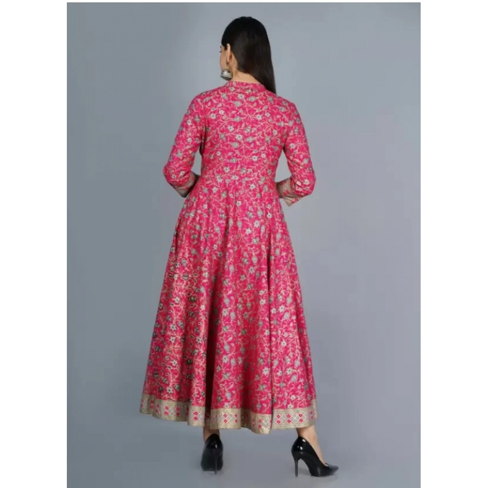 Women's Casual 3/4 Sleeve Printed Rayon Anarkali Gown (Pink) - Image 3