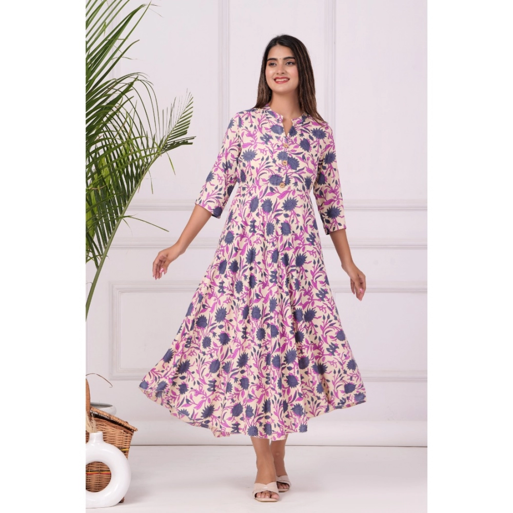 Women's Casual 3/4 Sleeve Printed Rayon Anarkali Gown (Purple)