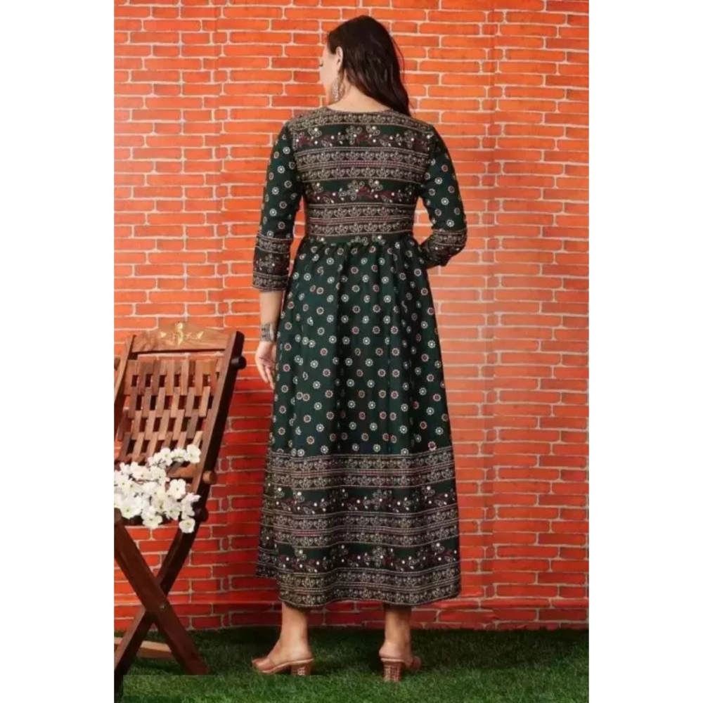 Women's Casual 3/4 Sleeve Printed Rayon Anarkali Gown (Green) - Image 3