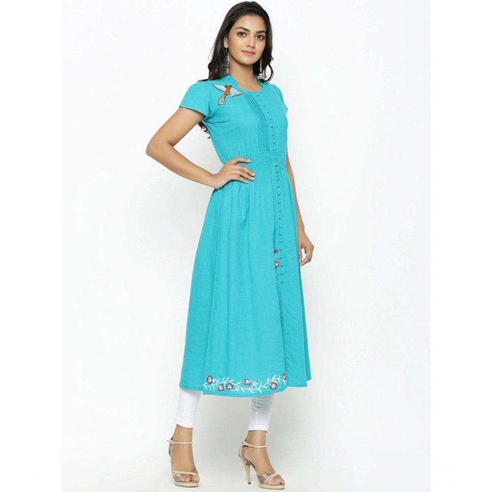 Women's Casual Short Sleeve Embroidery Cotton Slub Kurti (Torque Green) - Image 3