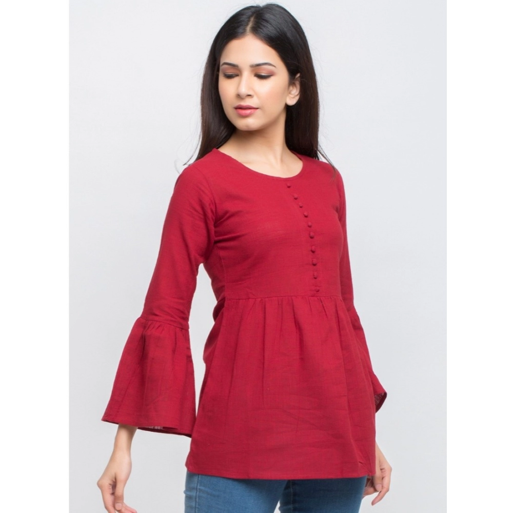 Women's Casual Bell Sleeves Solid Cotton Top (Maroon) - Image 5