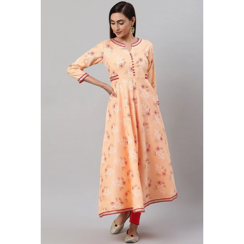 Women's Casual 3/4 th Sleeve Floral Printed Rayon Kurti (Peach) - Image 3