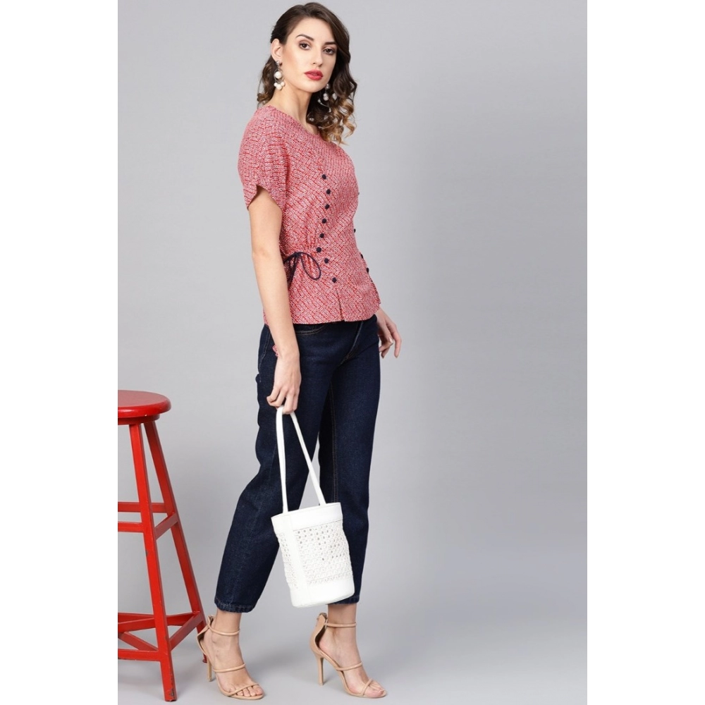 Women's Casual Short Sleeve Geometric Rayon Top (Red) - Image 3