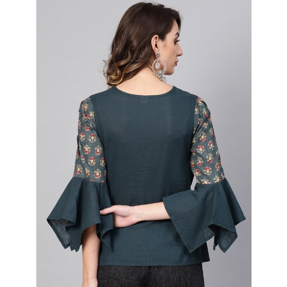 Women's Casual Bell Sleeves Floral Printed Cotton Slub Top (Grey) - Image 2