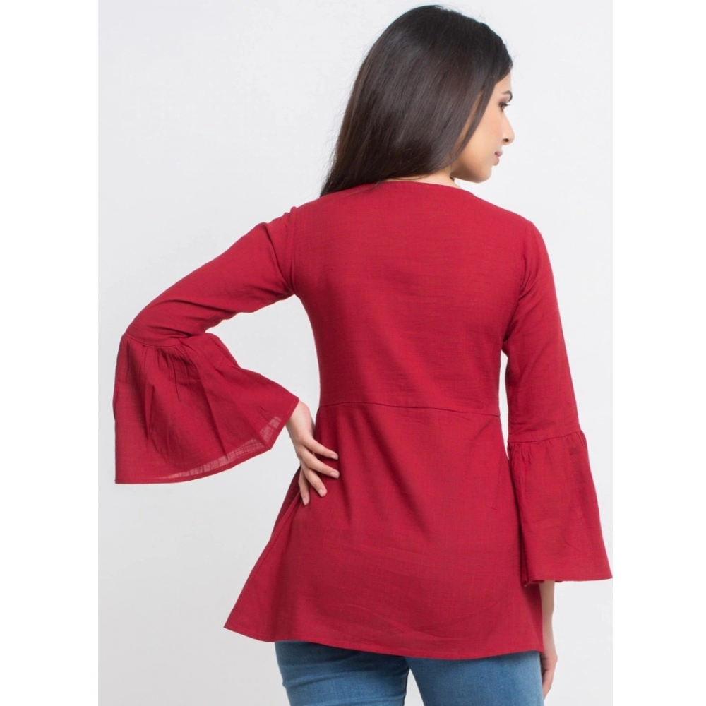 Women's Casual Bell Sleeves Solid Cotton Top (Maroon) - Image 2