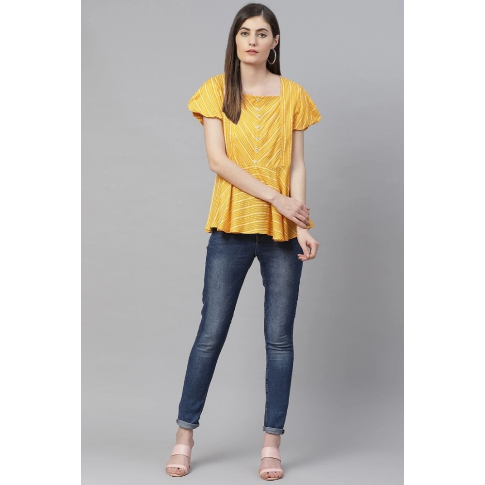 Women's Casual Short Sleeves Stripe Printed Rayon Top (Mustard) - Image 3
