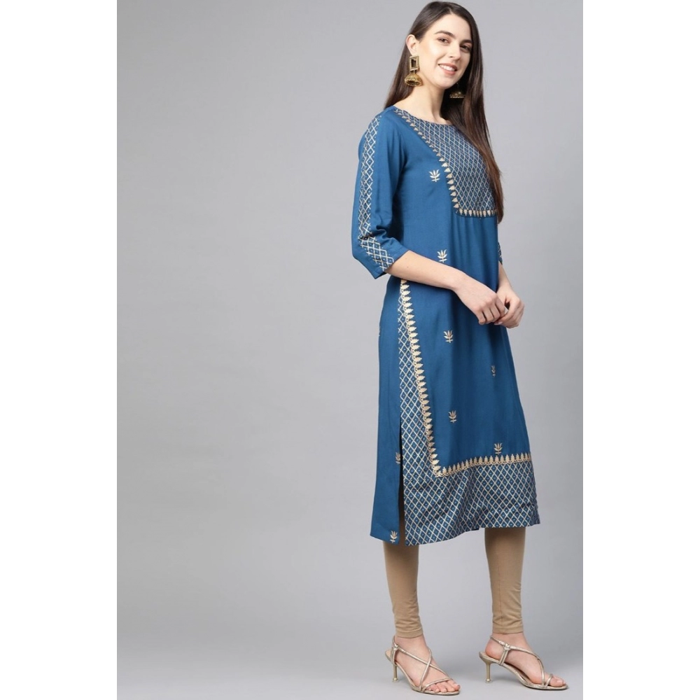 Women's Casual 3/4 th Sleeve Floral Printed Rayon Kurti (Blue) - Image 5