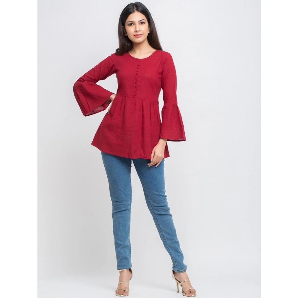 Women's Casual Bell Sleeves Solid Cotton Top (Maroon) - Image 3