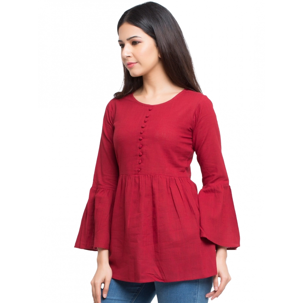 Women's Casual Bell Sleeves Solid Cotton Top (Maroon)