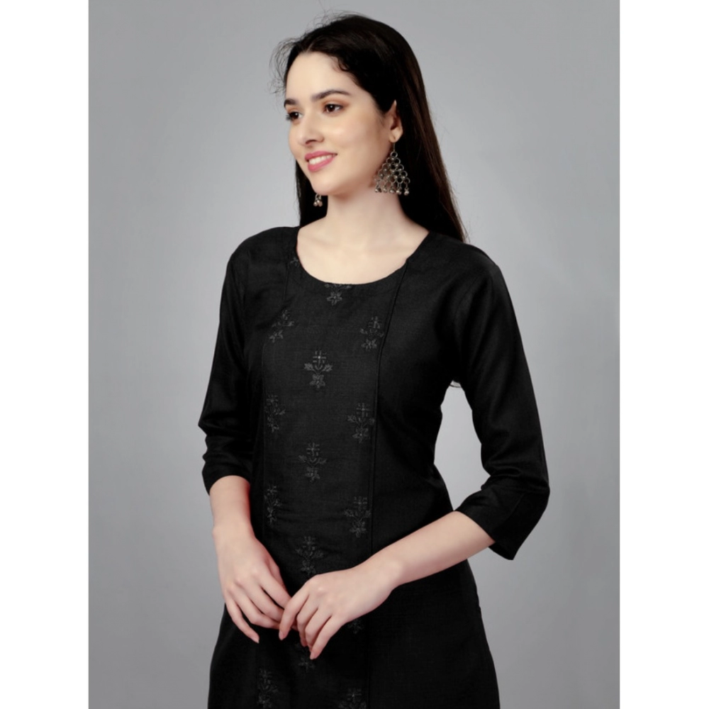 Women's Casual 3-4 th Sleeve Embroidery Cotton Kurti (Black) - Image 3