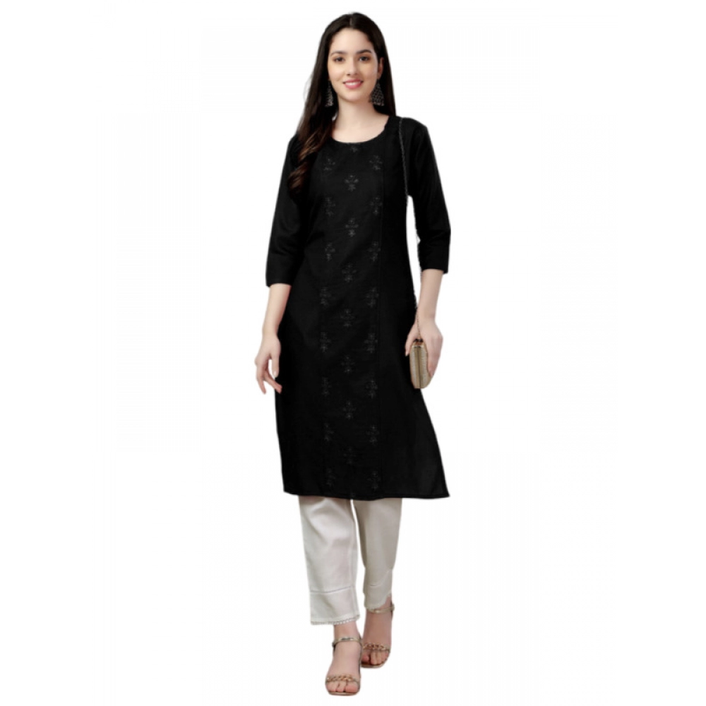 Women's Casual 3-4 th Sleeve Embroidery Cotton Kurti (Black)