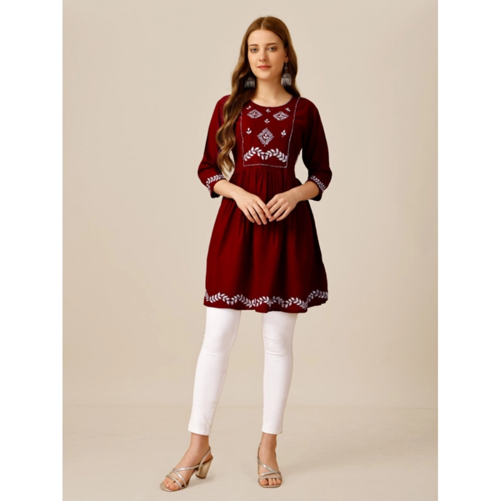 Women's Casual 3-4 th Sleeve Embroidered Rayon Tunic Top (Maroon) - Image 6