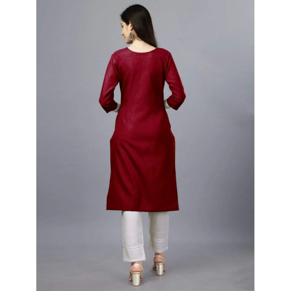 Women's Casual 3-4 th Sleeve Embroidery Cotton Kurti (Maroon) - Image 3