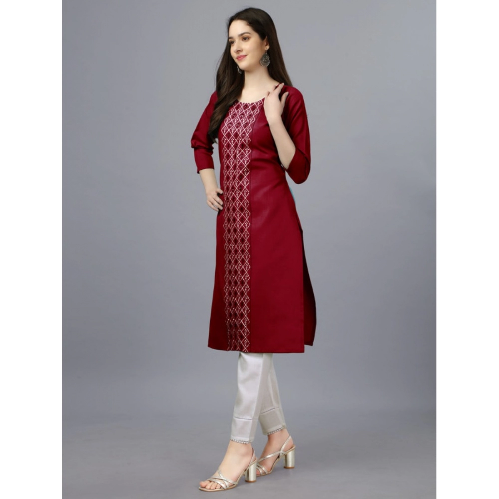 Women's Casual 3-4 th Sleeve Embroidery Cotton Kurti (Maroon) - Image 5