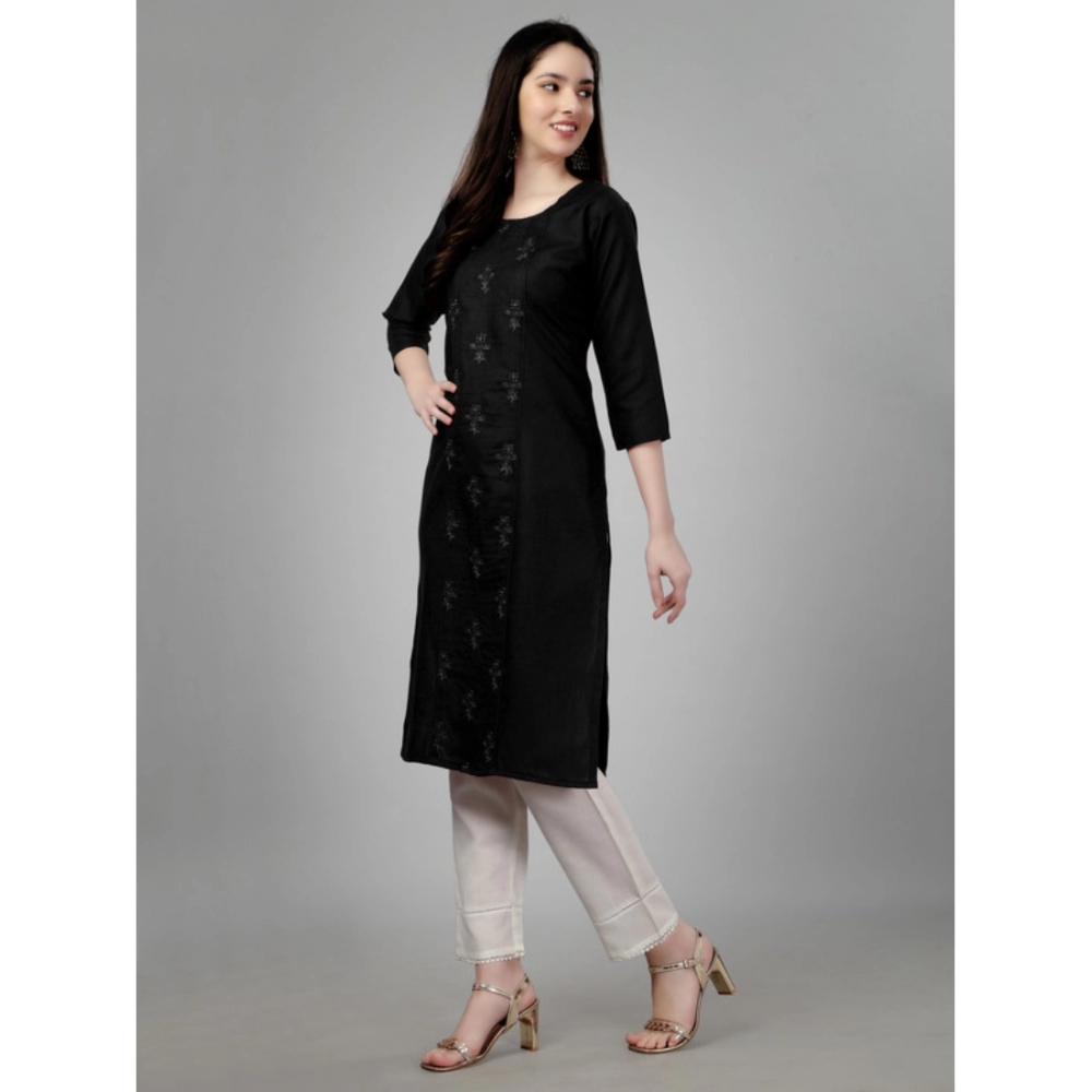 Women's Casual 3-4 th Sleeve Embroidery Cotton Kurti (Black) - Image 2