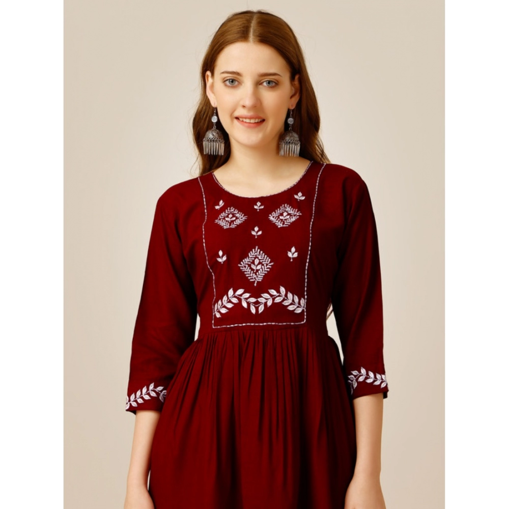 Women's Casual 3-4 th Sleeve Embroidered Rayon Tunic Top (Maroon) - Image 2