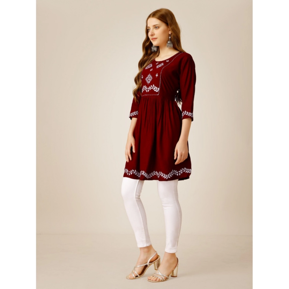 Women's Casual 3-4 th Sleeve Embroidered Rayon Tunic Top (Maroon) - Image 3