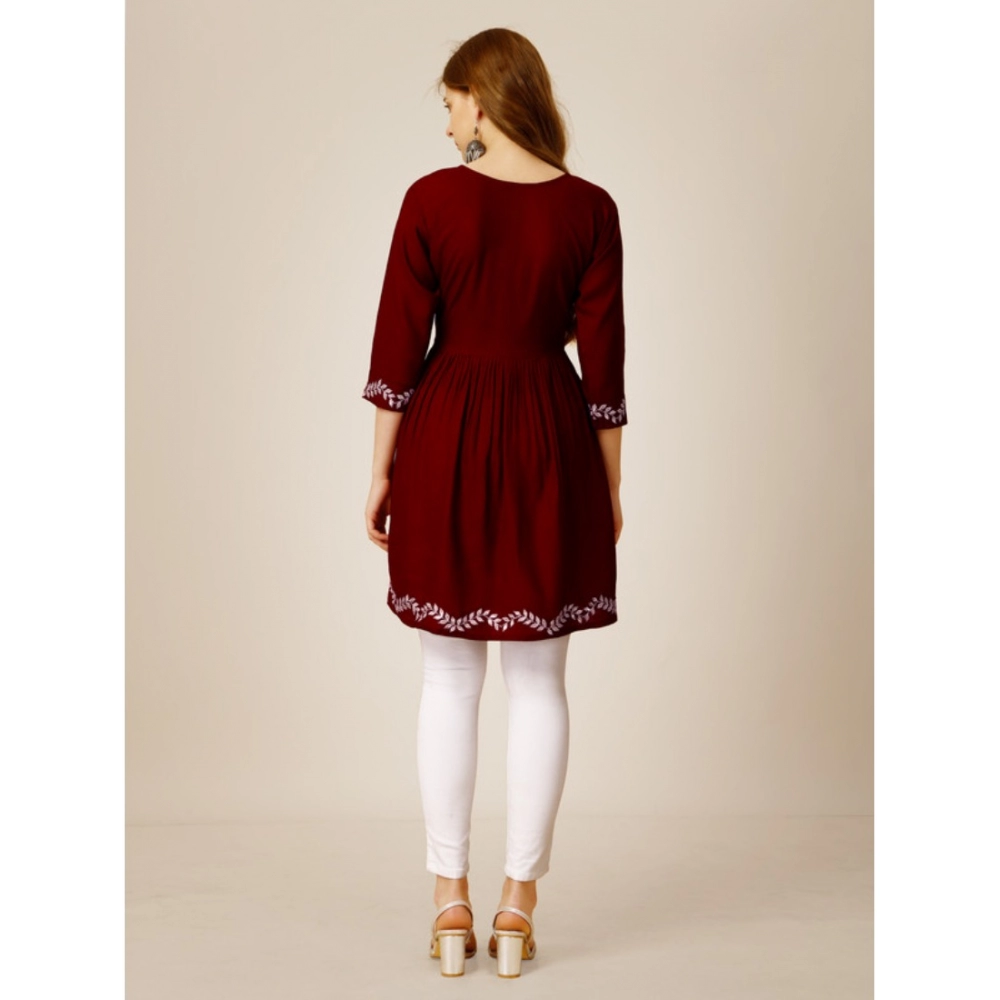 Women's Casual 3-4 th Sleeve Embroidered Rayon Tunic Top (Maroon) - Image 4