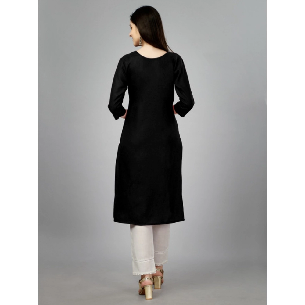 Women's Casual 3-4 th Sleeve Embroidery Cotton Kurti (Black) - Image 5