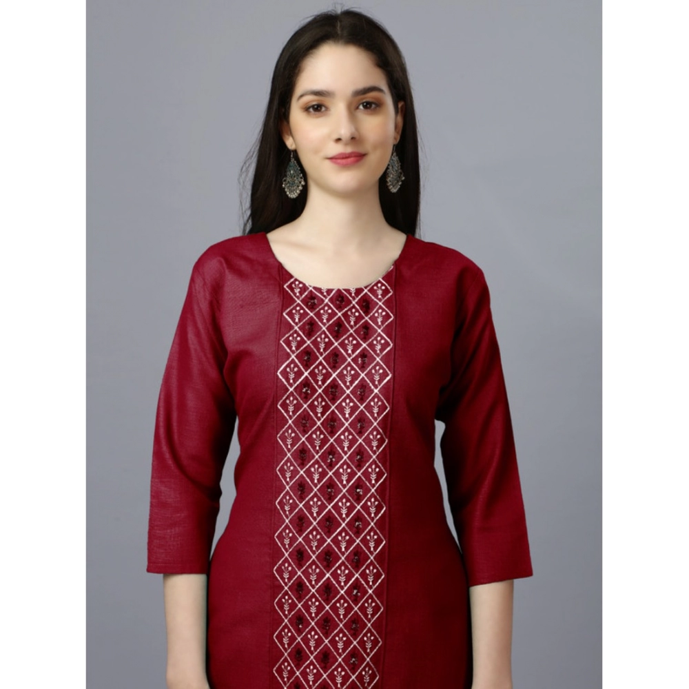 Women's Casual 3-4 th Sleeve Embroidery Cotton Kurti (Maroon) - Image 2