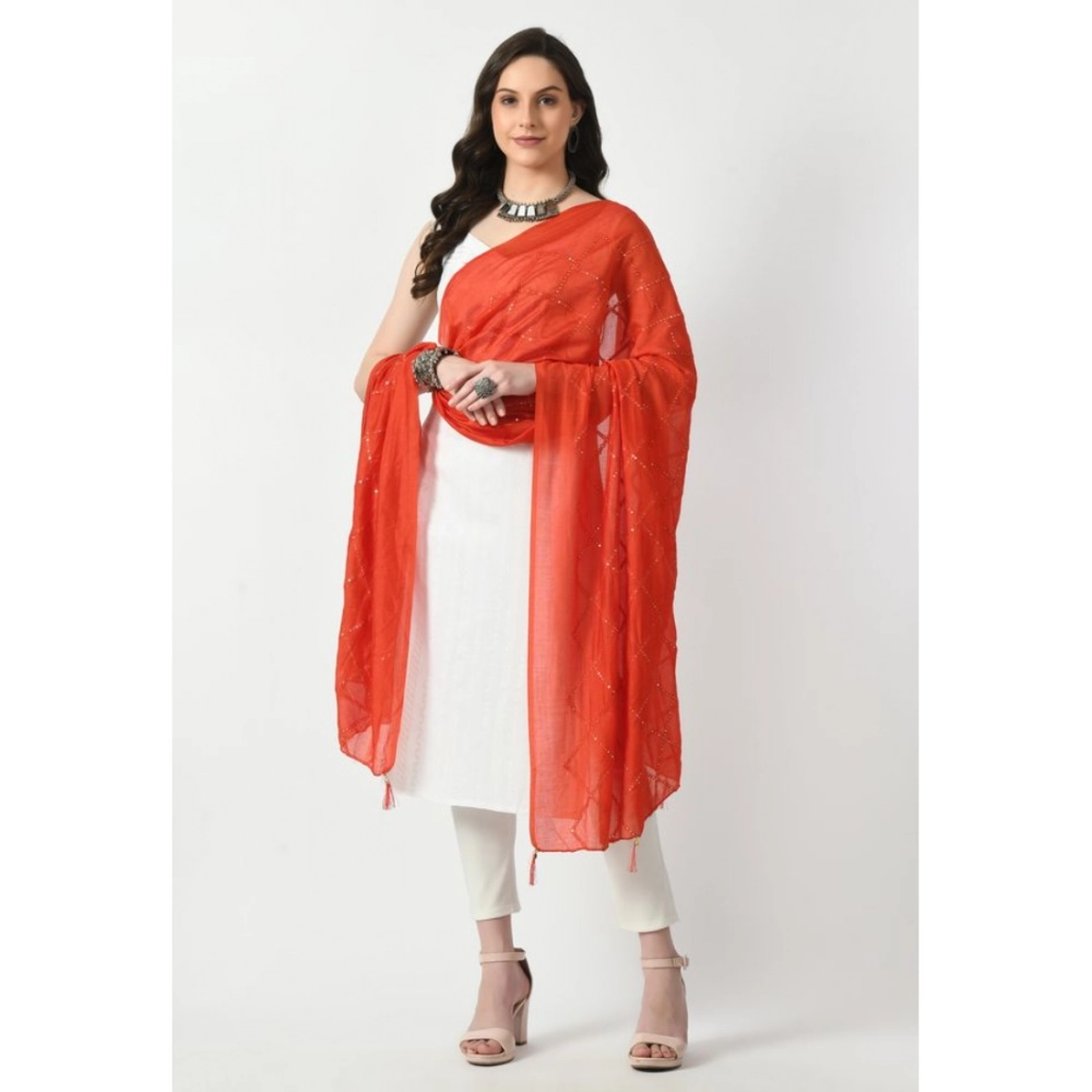 Women's Chanderi Self Design Dupatta (Orange, Length: Free Size) - Image 2
