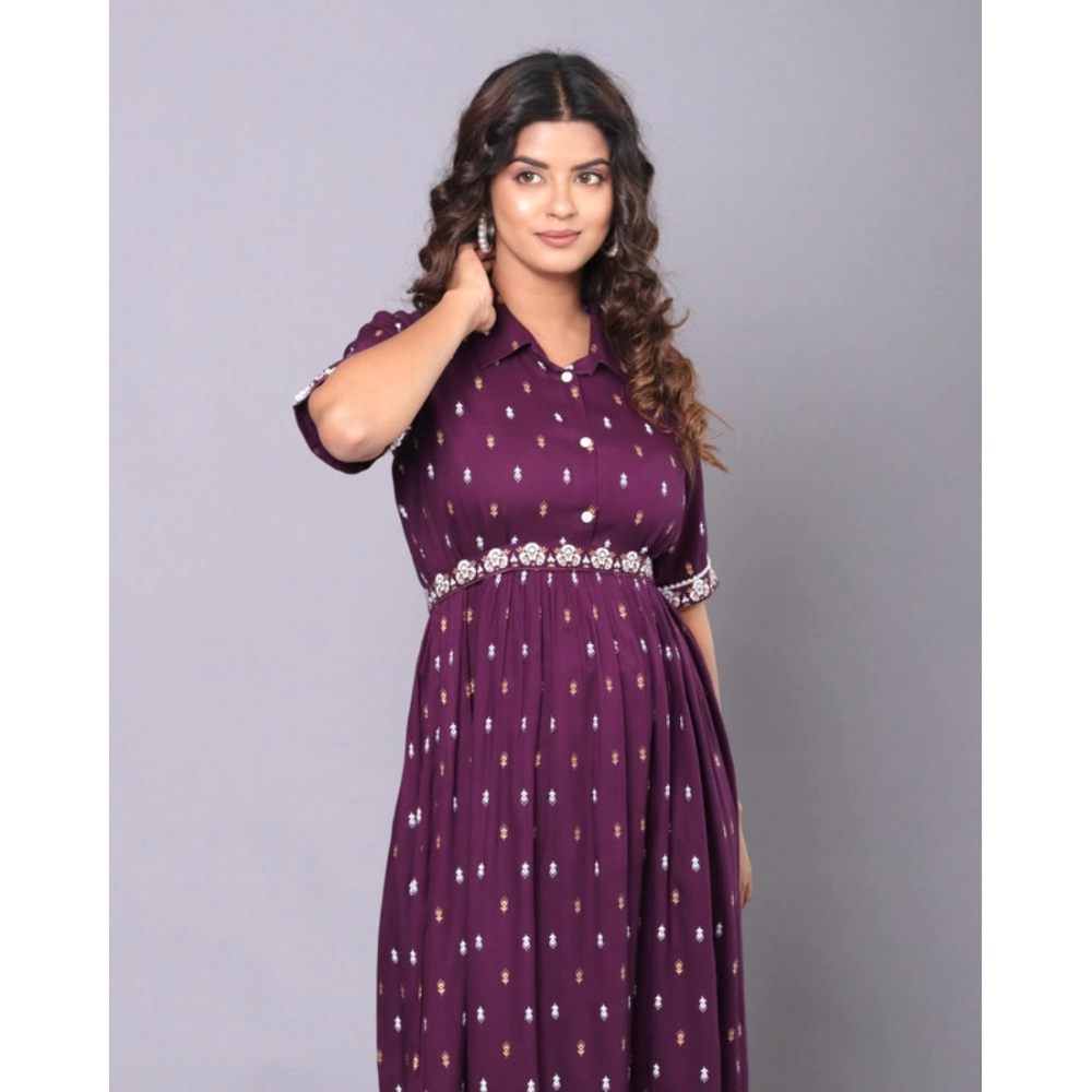Women's Casual Viscose Rayon Half Sleeve A-line Gown (Purple) - Image 3