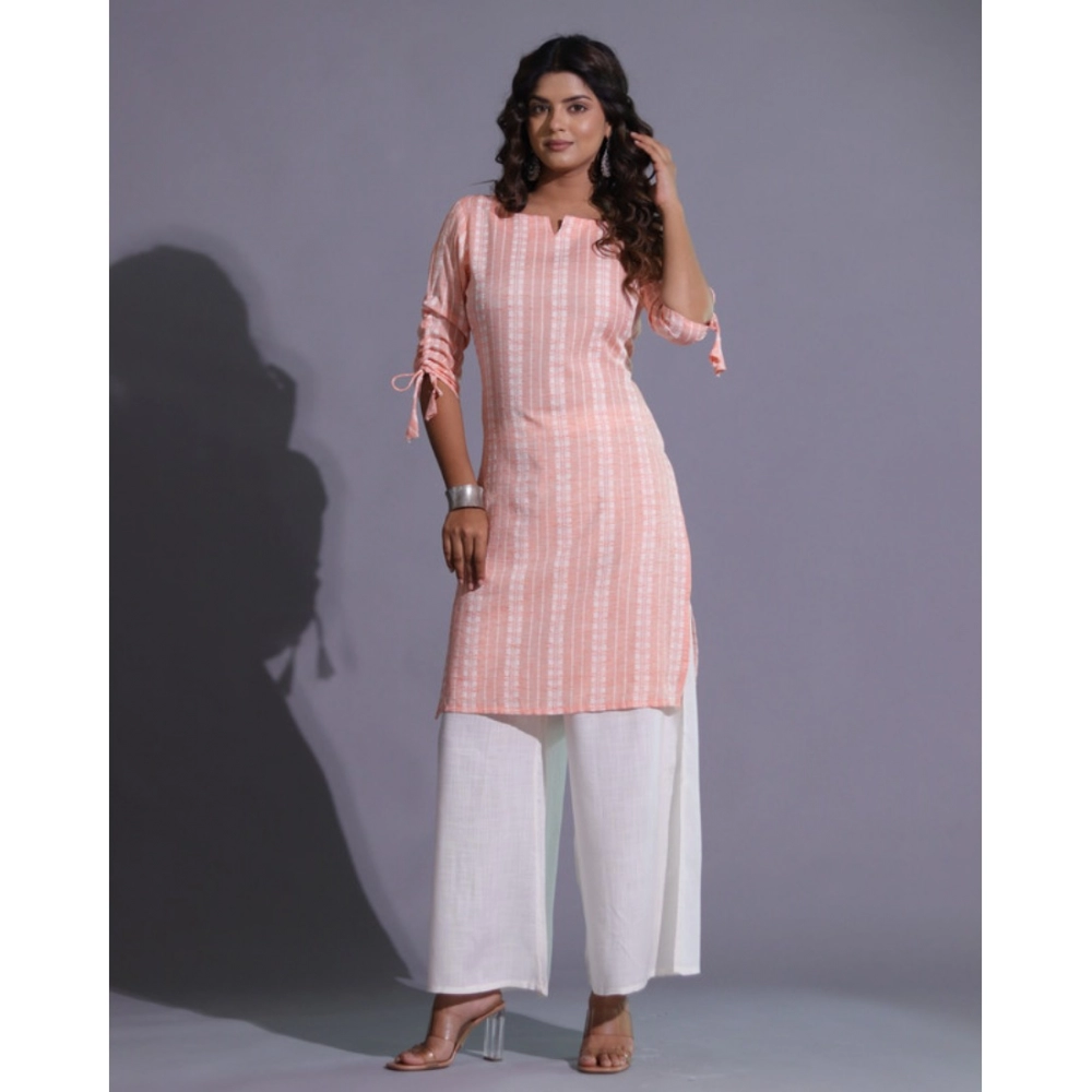 Women's Casual Cotton Blend 3-4th Sleeve Straight Kurti (Orange) - Image 3