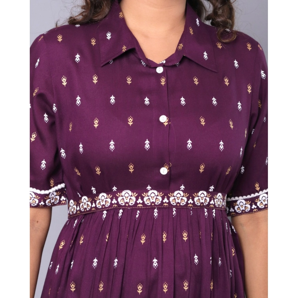 Women's Casual Viscose Rayon Half Sleeve A-line Gown (Purple) - Image 2