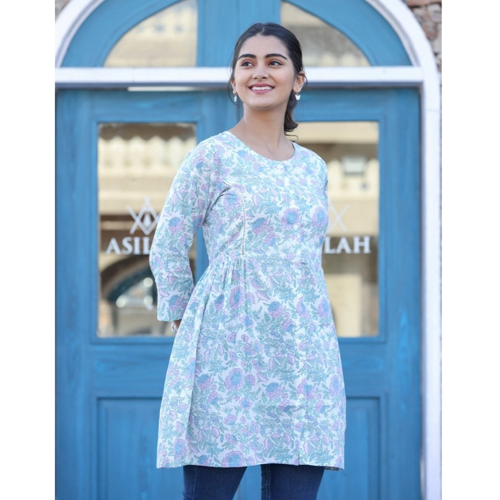 Women's Cotton Printed 3/4 Sleeve Round Neck Tunics (White-Purple) - Image 5