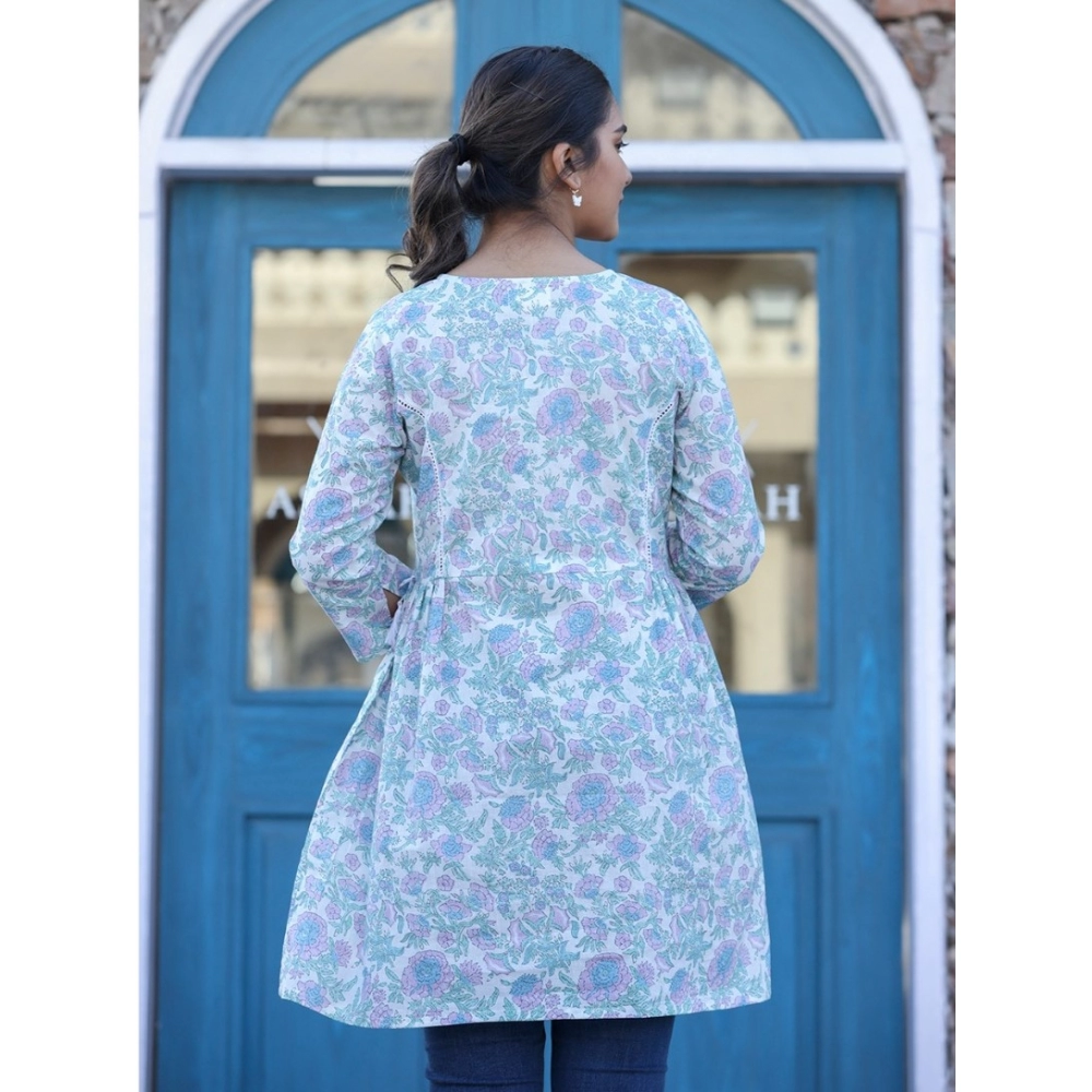 Women's Cotton Printed 3/4 Sleeve Round Neck Tunics (White-Purple) - Image 7