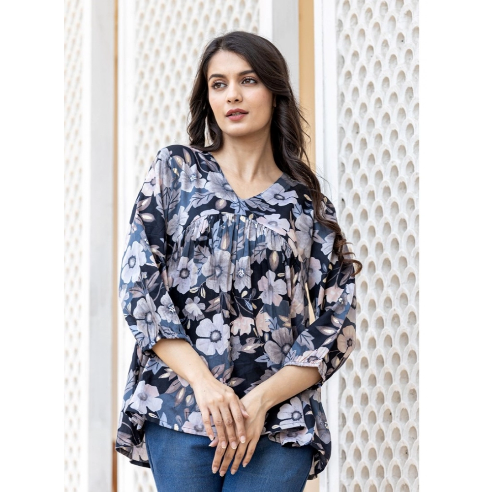 Women's Cotton Printed 3/4 Sleeve V-Neck Top (Black) - Image 4