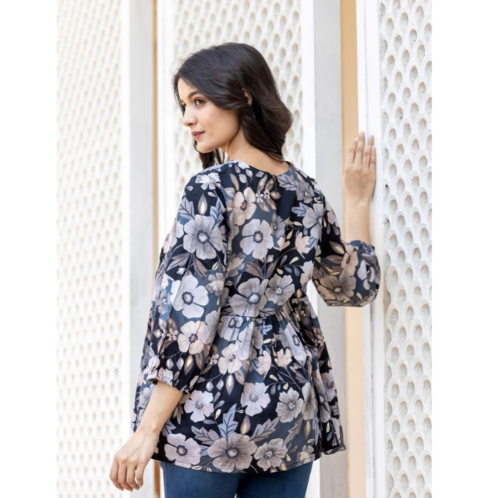 Women's Cotton Printed 3/4 Sleeve V-Neck Top (Black) - Image 2