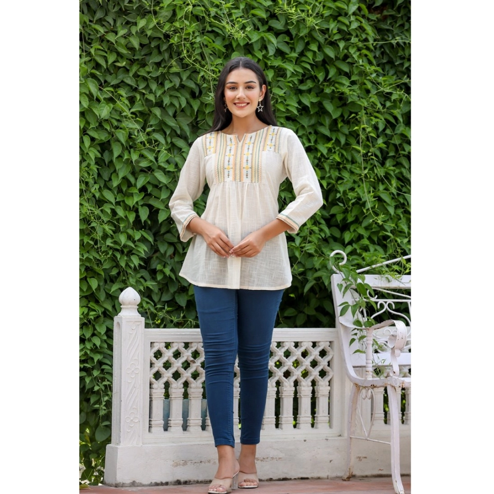 Women's Cotton Embroidered 3/4 Sleeve V-Neck Top (Off White) - Image 4