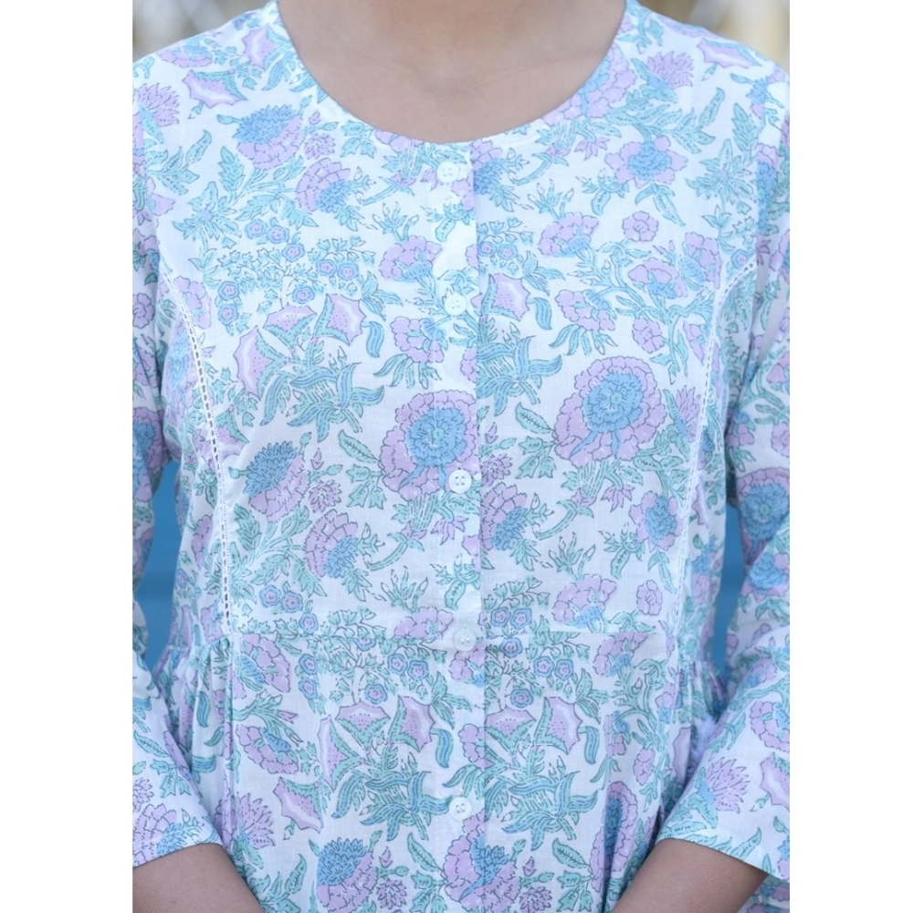 Women's Cotton Printed 3/4 Sleeve Round Neck Tunics (White-Purple) - Image 3