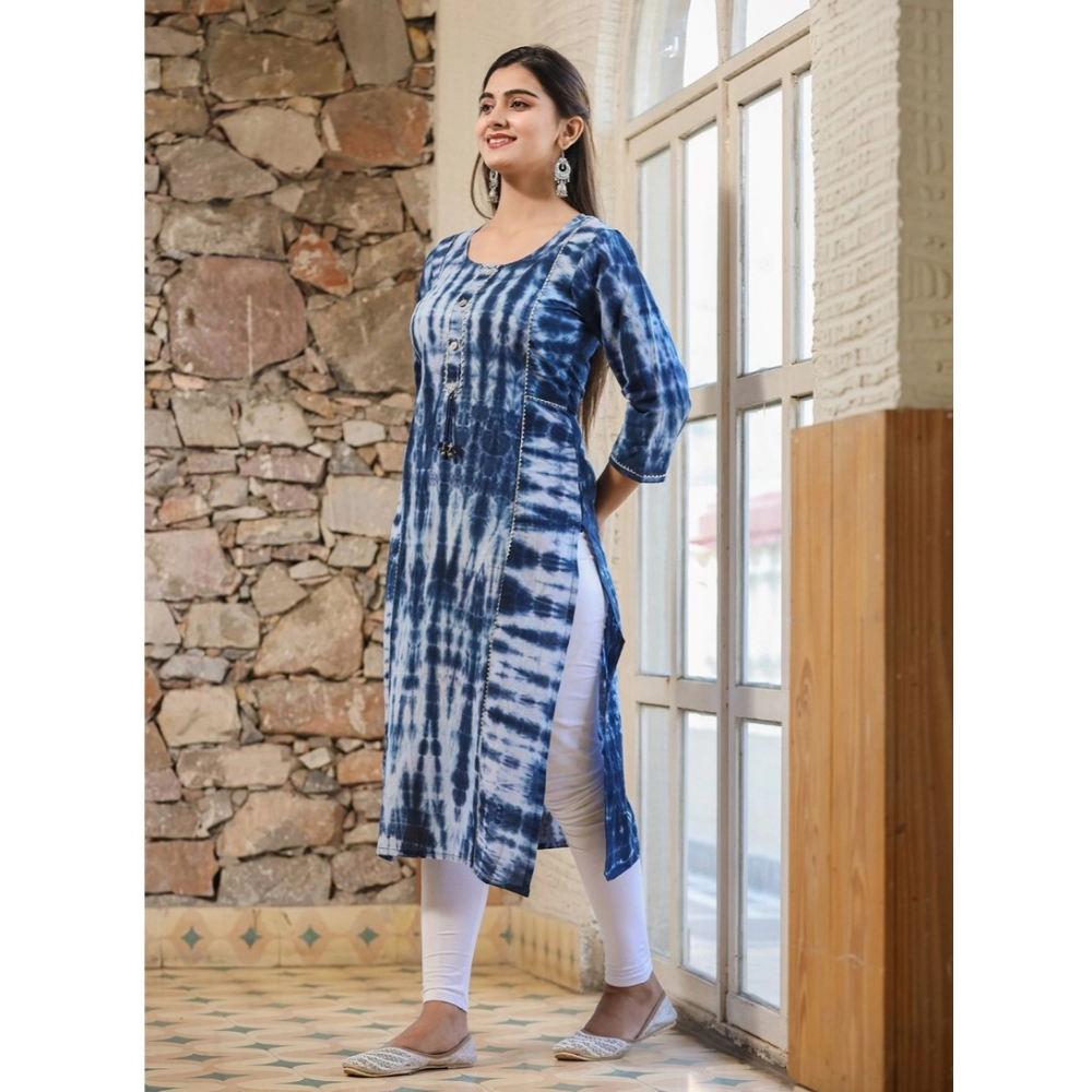 Women's Cotton Dyed 3/4 Sleeve Round Neck Kurti (Blue) - Image 4
