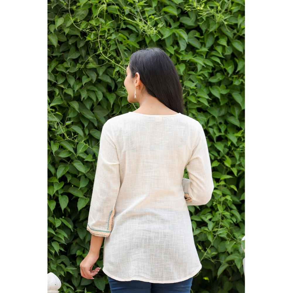 Women's Cotton Embroidered 3/4 Sleeve V-Neck Top (Off White) - Image 2