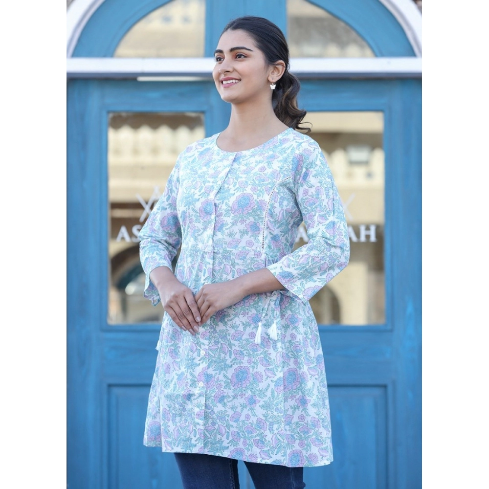 Women's Cotton Printed 3/4 Sleeve Round Neck Tunics (White-Purple) - Image 4