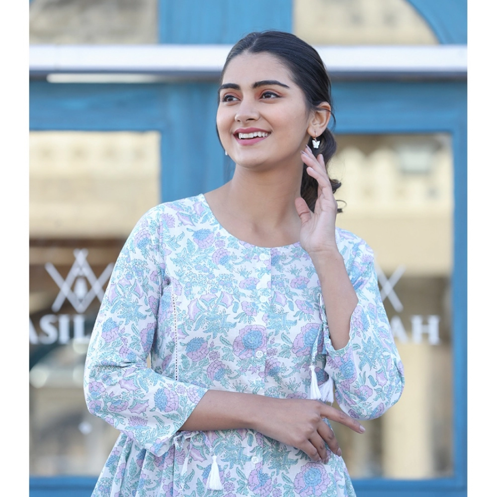 Women's Cotton Printed 3/4 Sleeve Round Neck Tunics (White-Purple) - Image 2