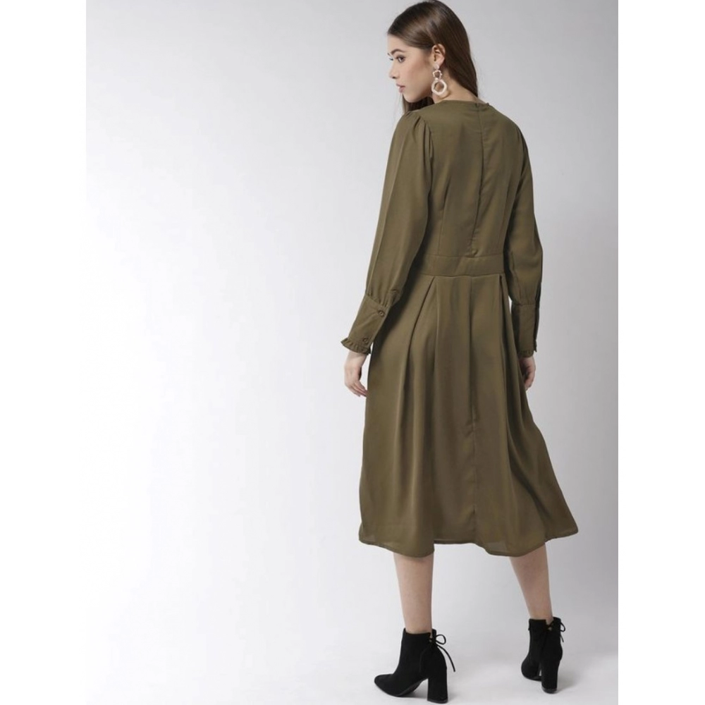 Women's Polyester Pintuck Long Sleeves Below Knee Dress (Olive) - Image 6
