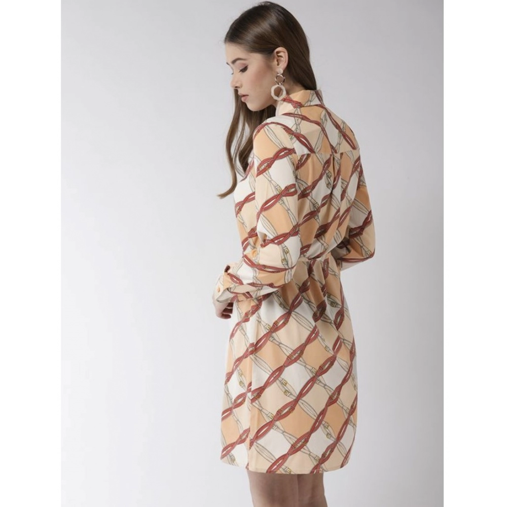 Women's Polyester Printed Roll Up Sleeve Above Knee Dress (Off White - Brown) - Image 5