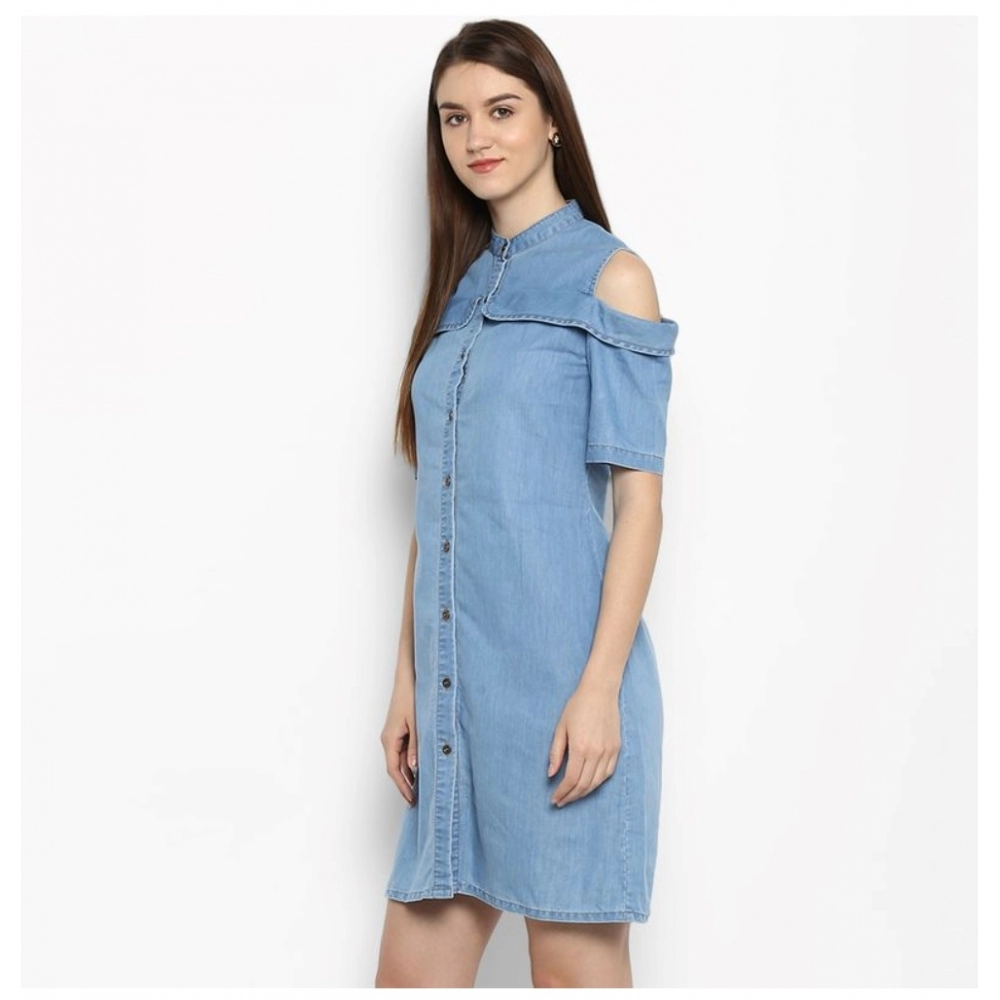 Women's Denim Solid Cold Shoulder Above Knee Dress (Blue) - Image 3