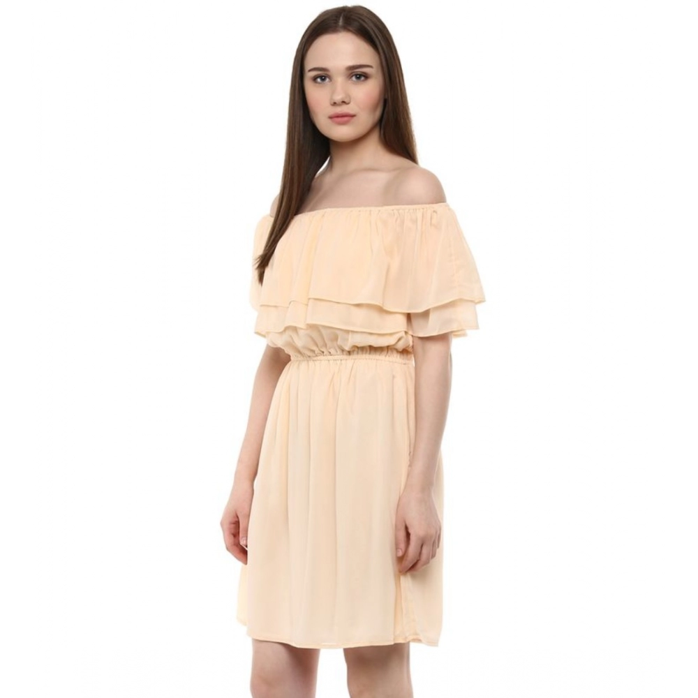 Women's Polyester Solid Sleeveless Knee-Length Dress (Beige) - Image 3