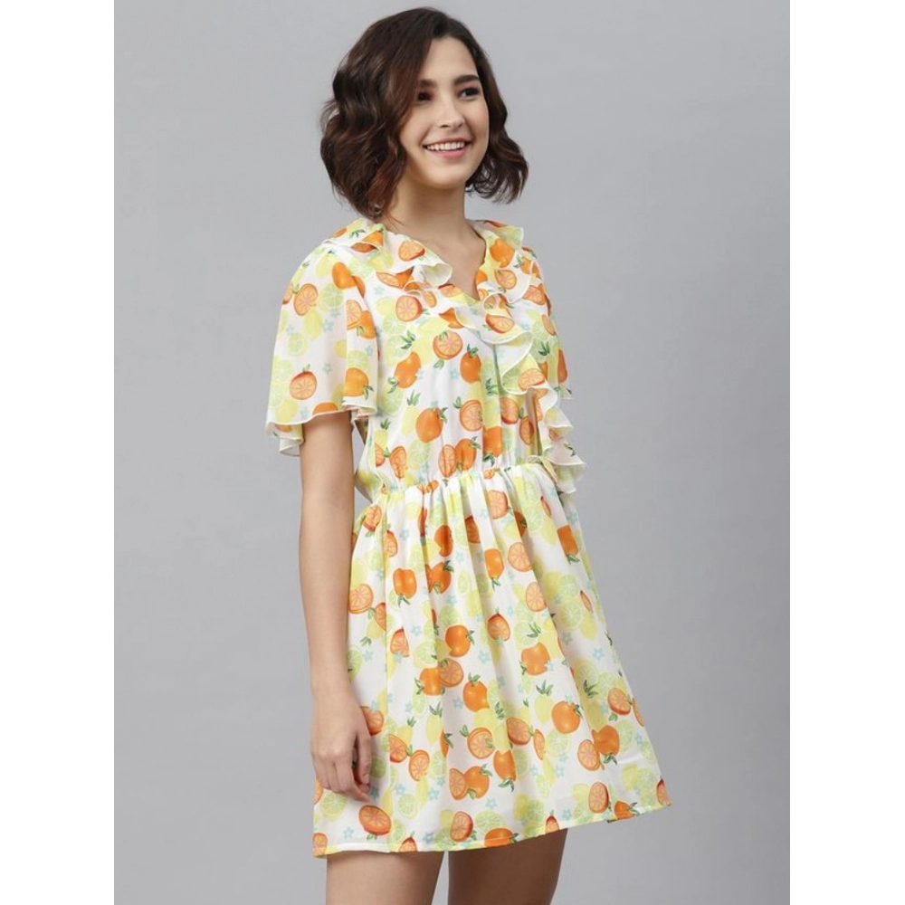 Women's Polyester Printed Flutter Above Knee Dress (Yellow - Orange) - Image 3