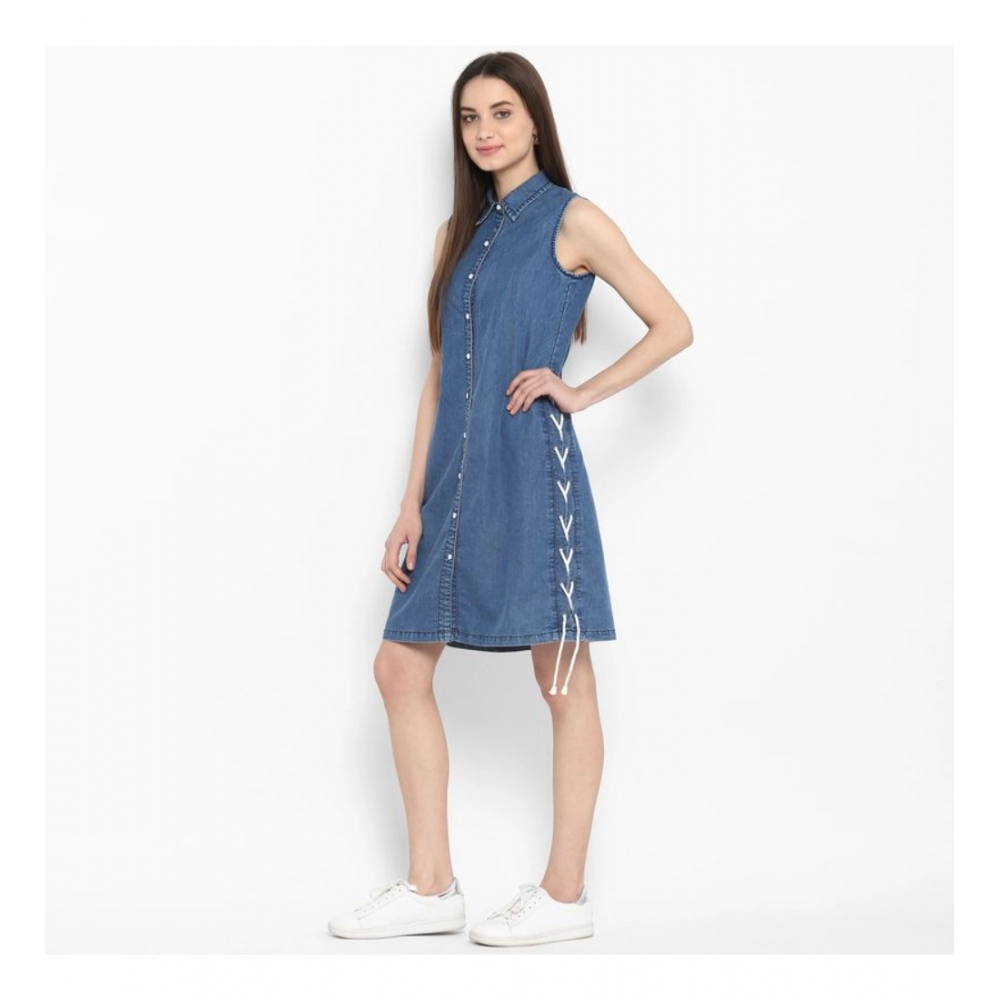 Women's Denim Solid Sleeveless Above Knee Dress (Blue) - Image 3