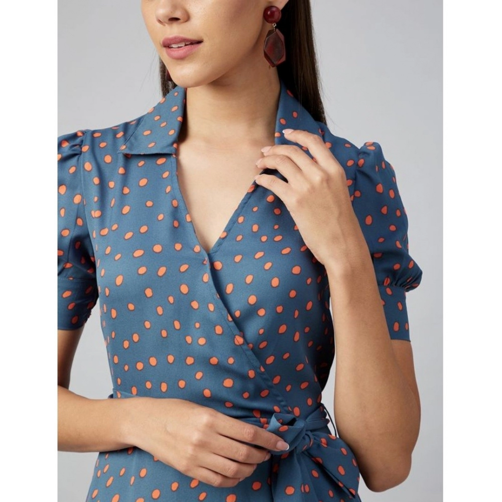 Women's Polyester Polka Short Sleeve Above Knee Dress (Grey - Coral) - Image 2