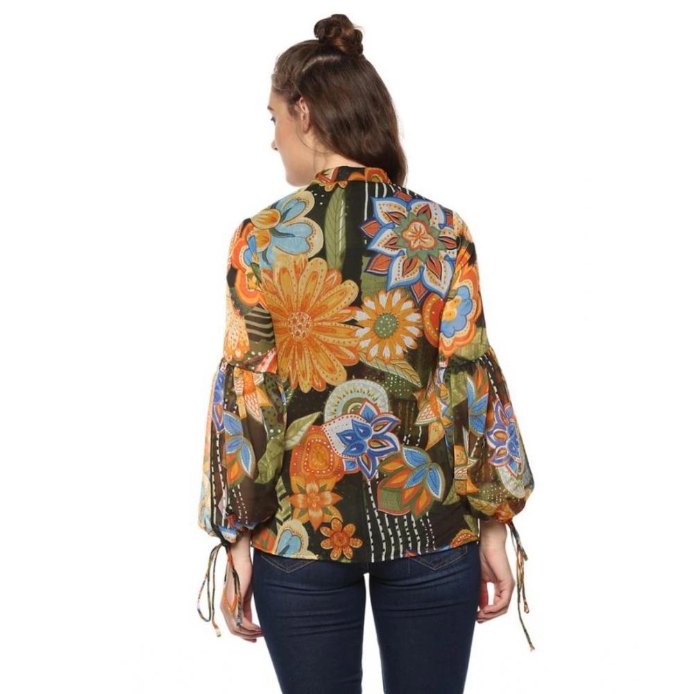 Women's Polyester Floral Balloon Sleeve Top (Mustard - Olive) - Image 7